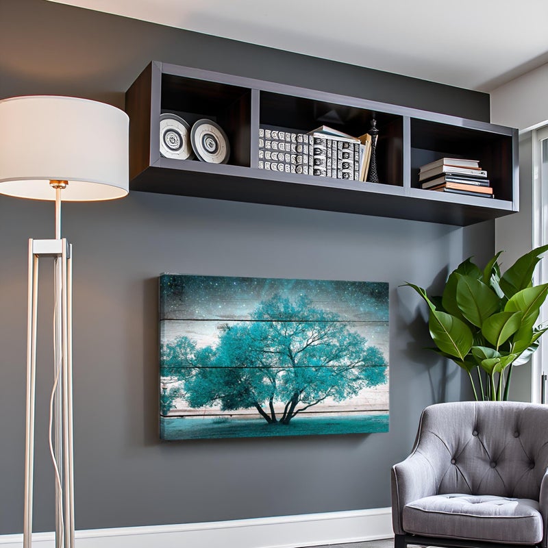 LevvArts - Canvas Prints Wall Art Teal Tree on Vintage Wood Style Wall Decor Modern Landscape Pictures for Living Room Bedroom Office Decor Stretched and Framed Artwork Ready to Hang - Image 5